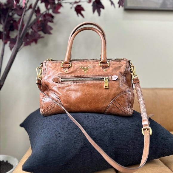 Prada Handbags - Prada Vintage Rare Tan Leather Satchel Worn-in Look